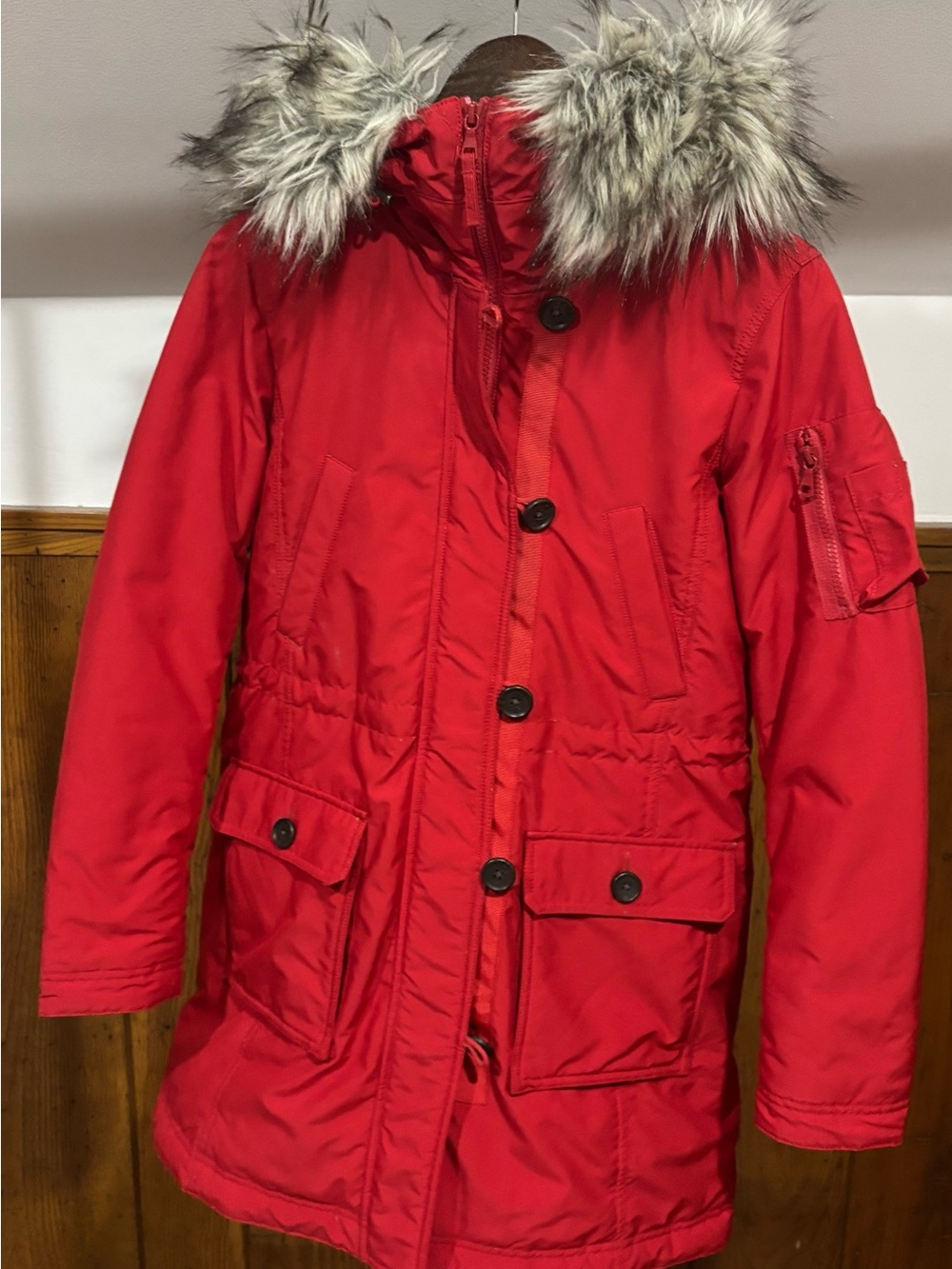 H&M Red Hooded Puffer Coat with Faux Fur Trim